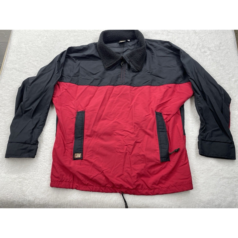 Vintage Wave Rave Mens Red Black Colorblock Sherpa Collar Nylon Jacket Medium